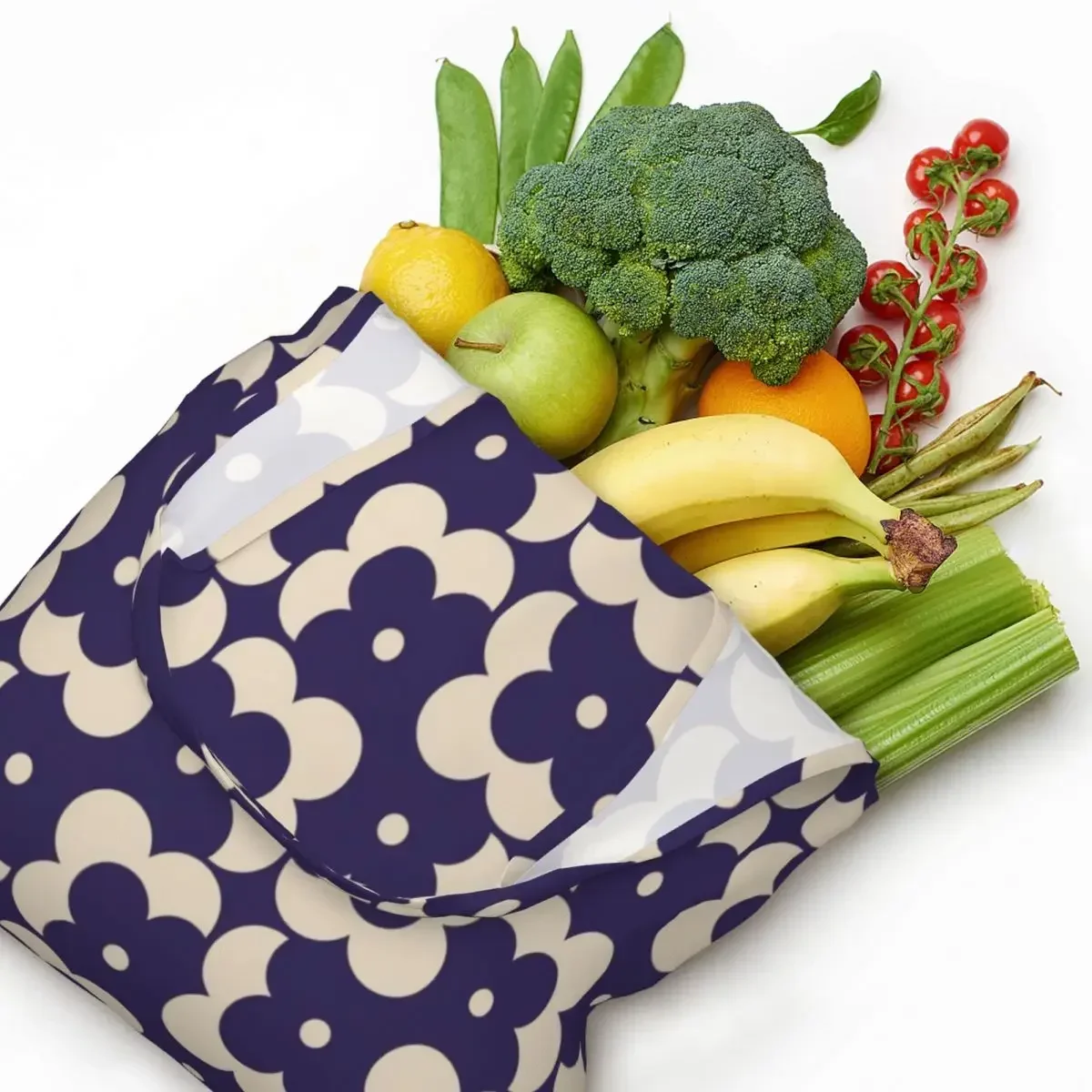 

Пользовательские цветочные тени в горошек, темно-синие холщовые сумки для покупок, женские сумки для вторичной переработки, большая вместительная продуктовая сумка Orla Kiely, сумки-тоут