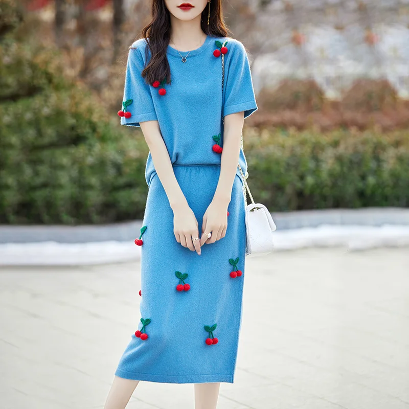 High-End Pure Wool Sweater Short Sleeve Skirt Women\'s Set Korean Version Kawaii Cherry Jumper + Skirt Spring Knit Two-Piece Set