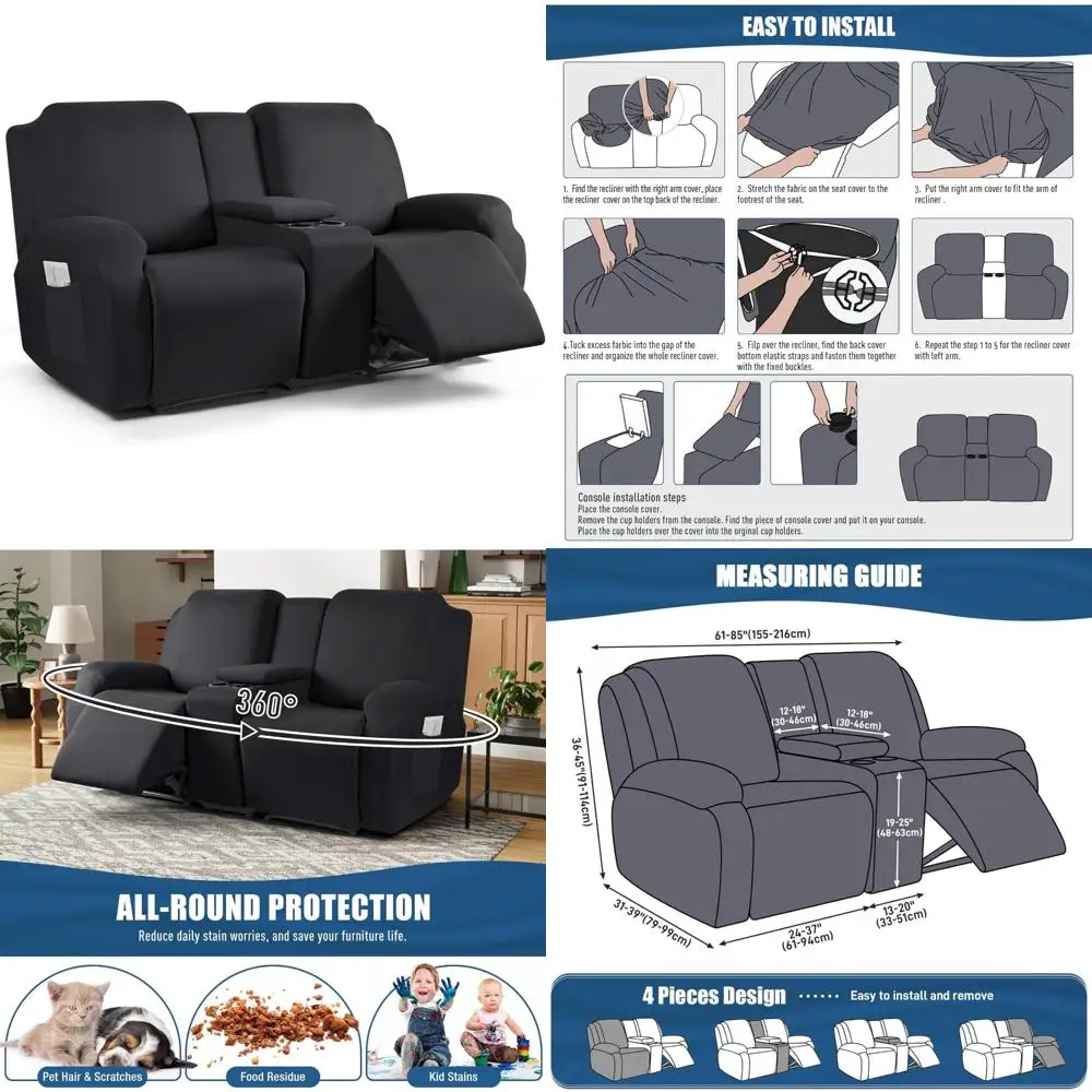 

4-Piece Stretch Polyester Loveseat Cover Set with Middle Console, Reclining Sofa Slipcover, Black, Durable Fabric Couch Protecto