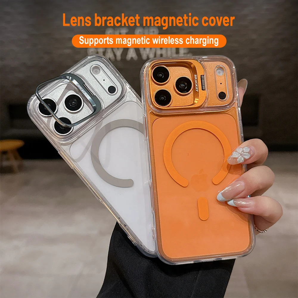 Magnetic Bracket Phone Case For Apple iPhone 17 16 15 14 13 12 11 Pro Max With Lens Stand Rack Transparent TPU Shockproof Cover