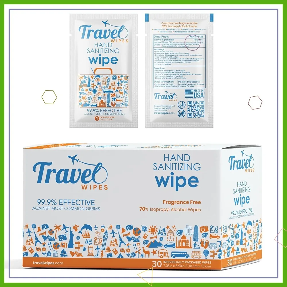 

Hand Sanitizing Travel Wipes – 30ct Individually Wrapped, Fragrance-Free, Moisturizing, 70% Isopropyl Alcohol, Made in USA