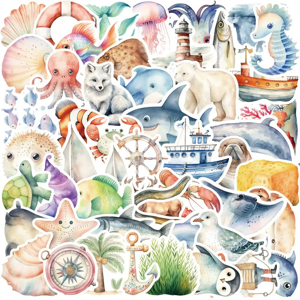 10/50PCS Cute Marine Sea Animal Cartoon Aesthetic Stickers Ocean Life Decals DIY Fridge Laptop Phone Diary Decoration Sticker