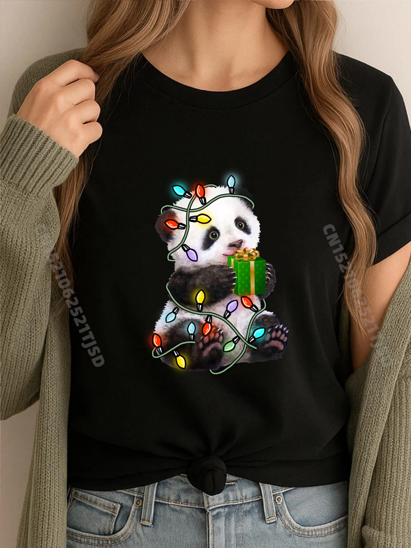 

Панда Дерево Рождественские огни Рождество для любителей домашних животных графические футболки женская футболка забавная