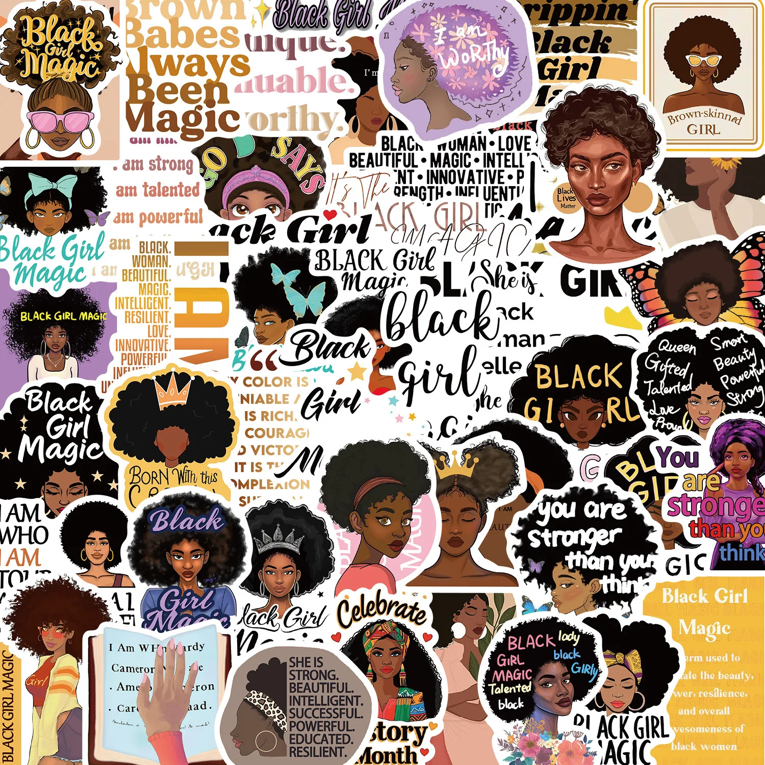 10/30/50PCS Black Girl Self Affirmation Inspirational Stickers DIY Decoration PVC Waterproof Skateboard Notebook Graffiti Toys