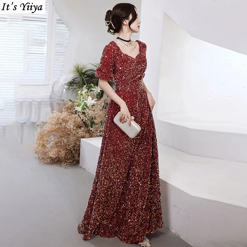 

It's Yiiya Sequins Zipper Back A-Line Short Sleeves V-Neck Pleat Floor-Length Sequins New Formal Dress Dress Woman Party A2870