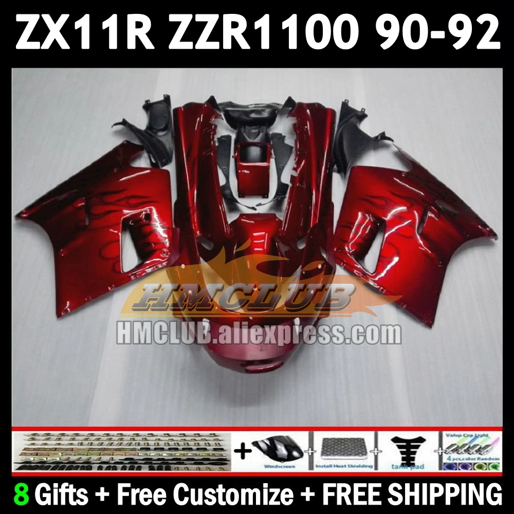 Body For KAWASAKI NINJA ZX-11R ZZR 1100 CC 1990 black flames 1991 1992 173No.9 ZX-11 ZZR1100 ZX 11R 11 R ZX11R 90 91 92 Fairing