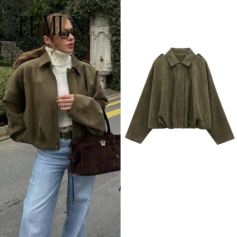 TFMLN New Fashion Suede Fabric Women Bomber Jackets  Causal Long Sleeve Zipper Loose Coats Cropped Winter Warm Jacket Outwear