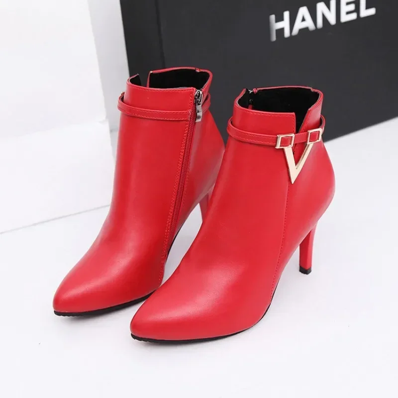 HOT Sale Autumn Stiletto Thin High Heels Zipper Style Sexy Womens Boots Bota Feminina Pointed Toe Faux Leather Red Ankle Boot