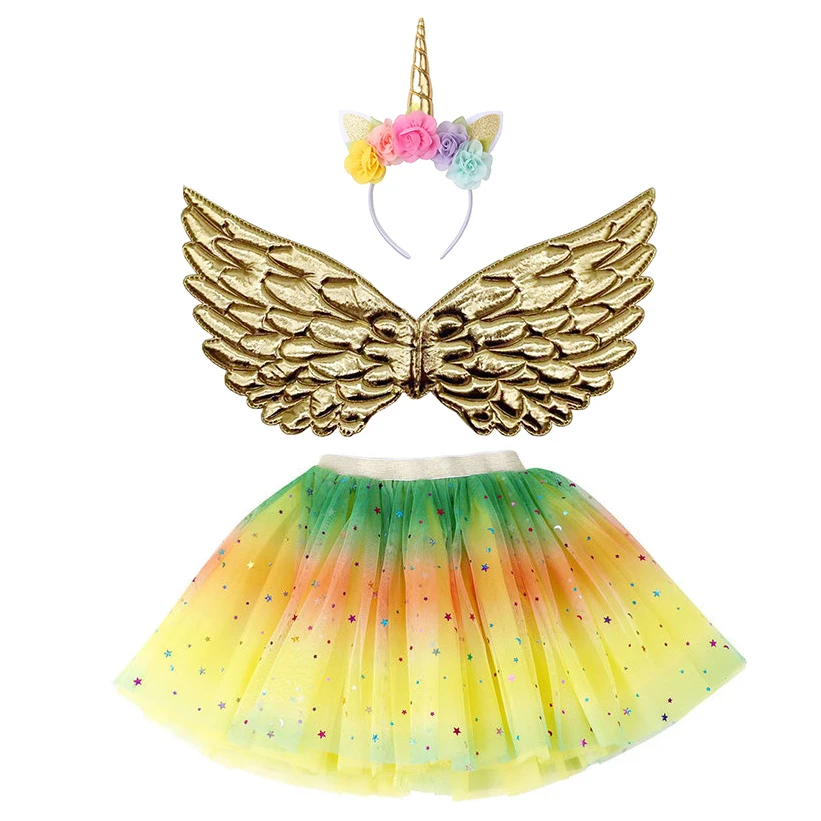 Fashion Girls Rainbow Mini Skirts Fairy Wings Unicorn Headband Glitter Dance Ballet Tutu Dress Up Set for Princess Party Costume