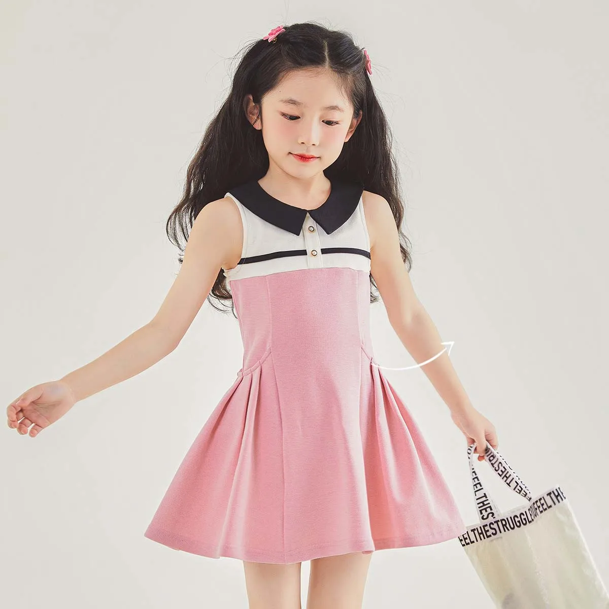 

Summer Junior Girl Sleeveless Dress Teenager Girl Contrast Peter Pan Collar One-piece Dress Children Girl Pink Sweet Dress