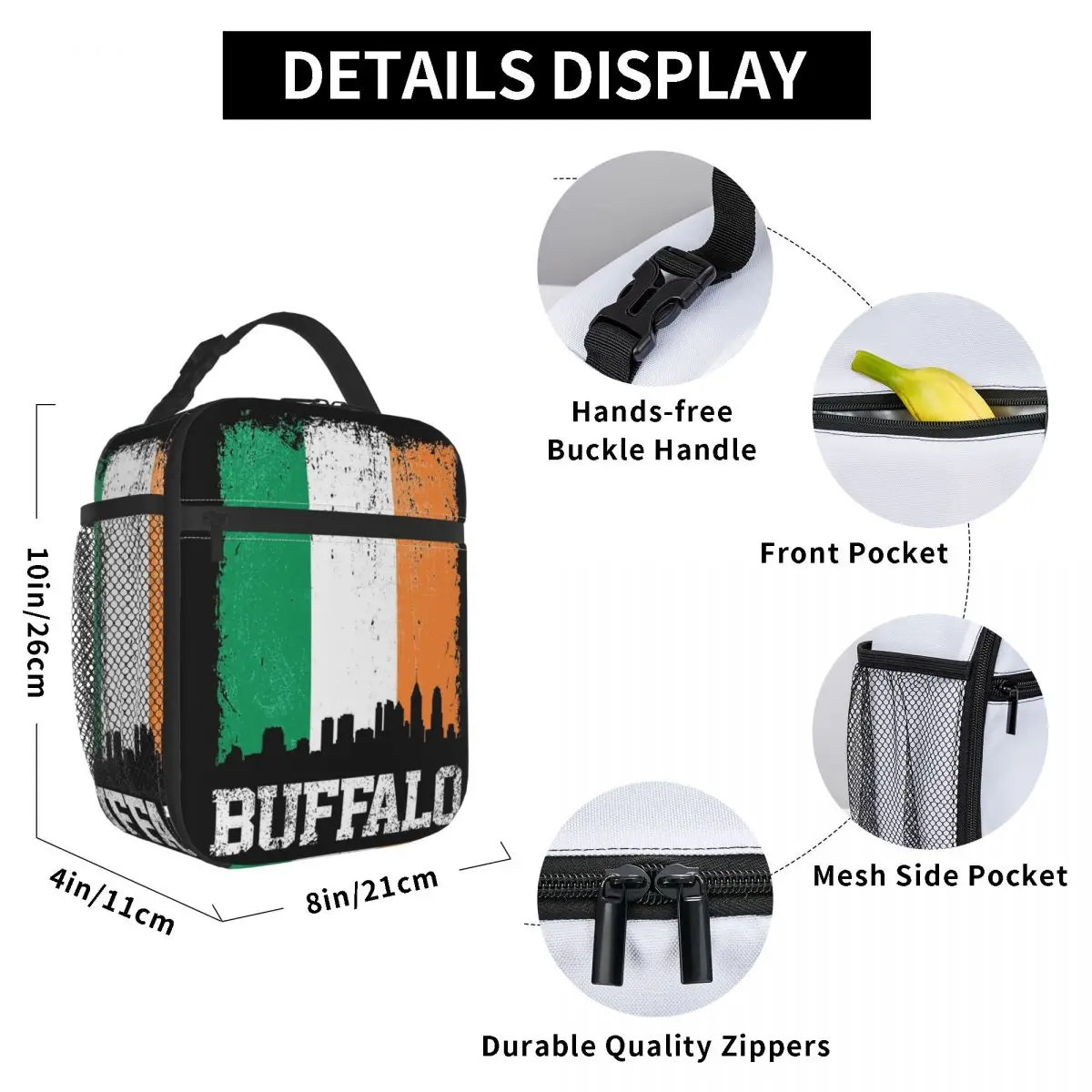 Vintage Buffalo Irish Flag Skyline Pride Insulated Lunch Bag for Kids School Cooler Thermal Food Box Tote Lunch Boxes Container