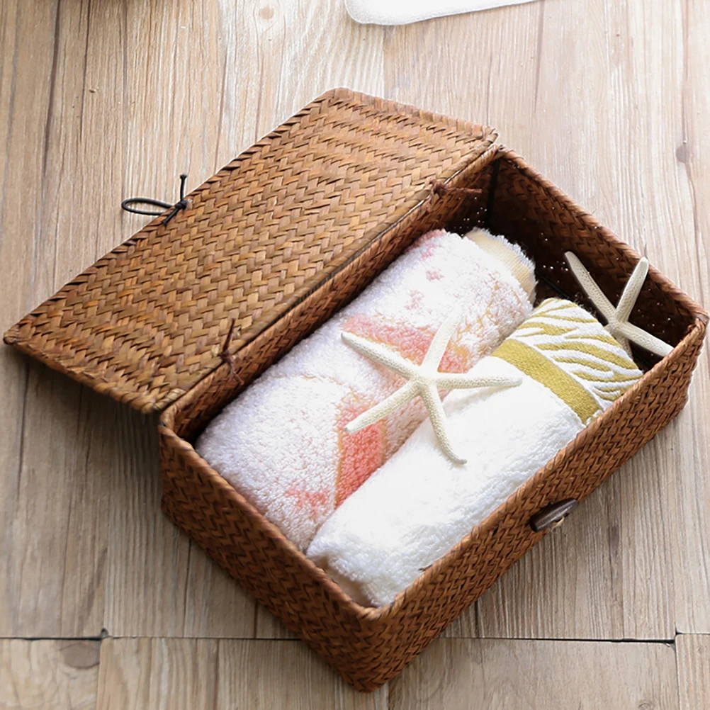 

1pc Storage Box Basket with Lid Woven Seaweed Basket Organizer Container Storage Basket with Lid Seaweed Woven Basket Container