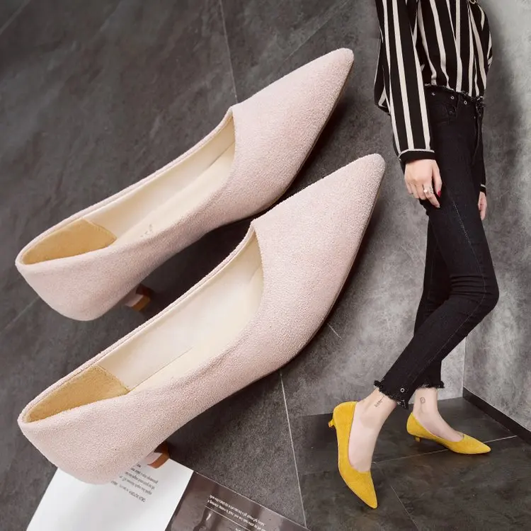 2022 3cm Low Heels Pumps Pointed Toe Dress Shoes Faux Suede Boat Shoes Woman Basic Pump Yellow Work Shoes Ladies Zapatos Mujer