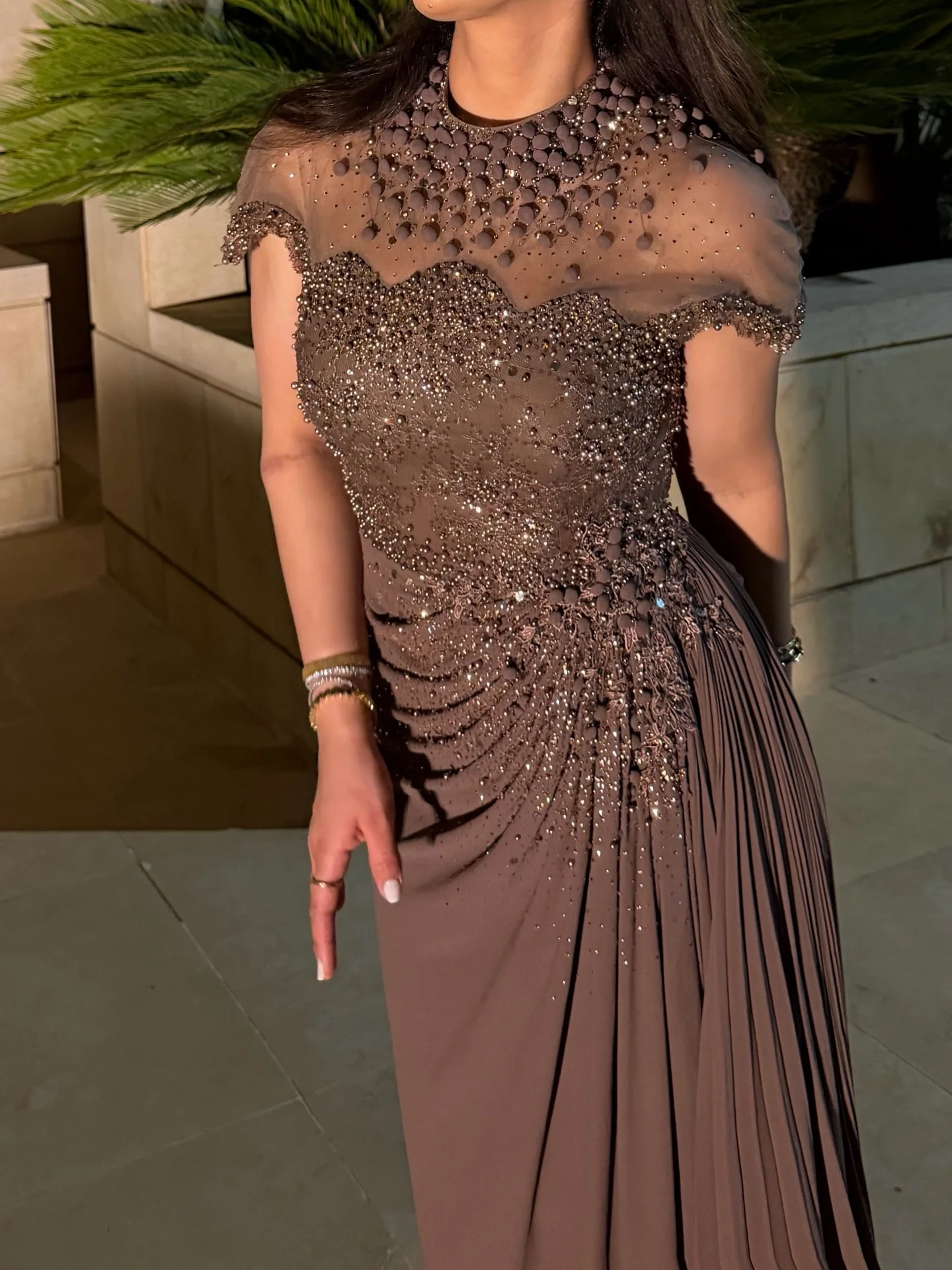 Fantasy Exquisite Brown Evening Dresses Lace Beaded Short Sleeves Party Dress Elegant Ruched Prom Gown Chic Vestidos Customized image 3