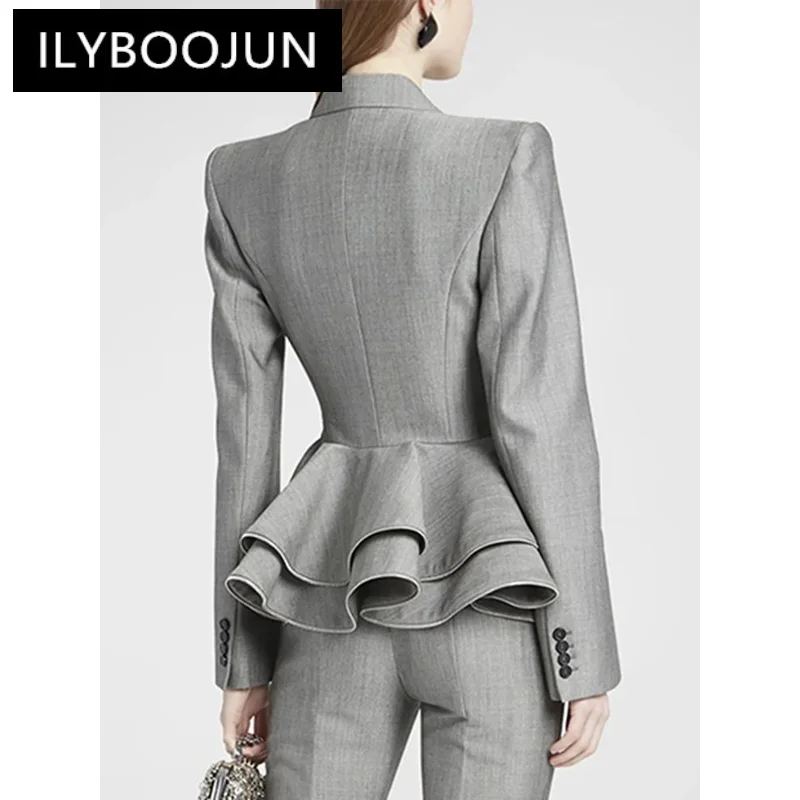 ILYBOOJUN Solid Patchwork Ruffles Slimming Blazers For Women Notched Collar Long Sleeve Spliced Double Breast Blazer Female