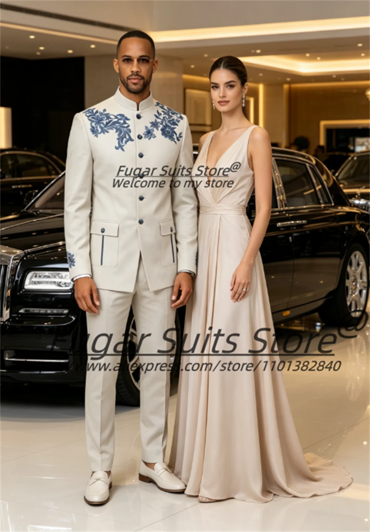 Beige Stand Collar Men Suits Fashion Blue Floral Embroidery 2 Piece Sets Luxurious Groom Prom Tuxedos Male Formal Party Blazers