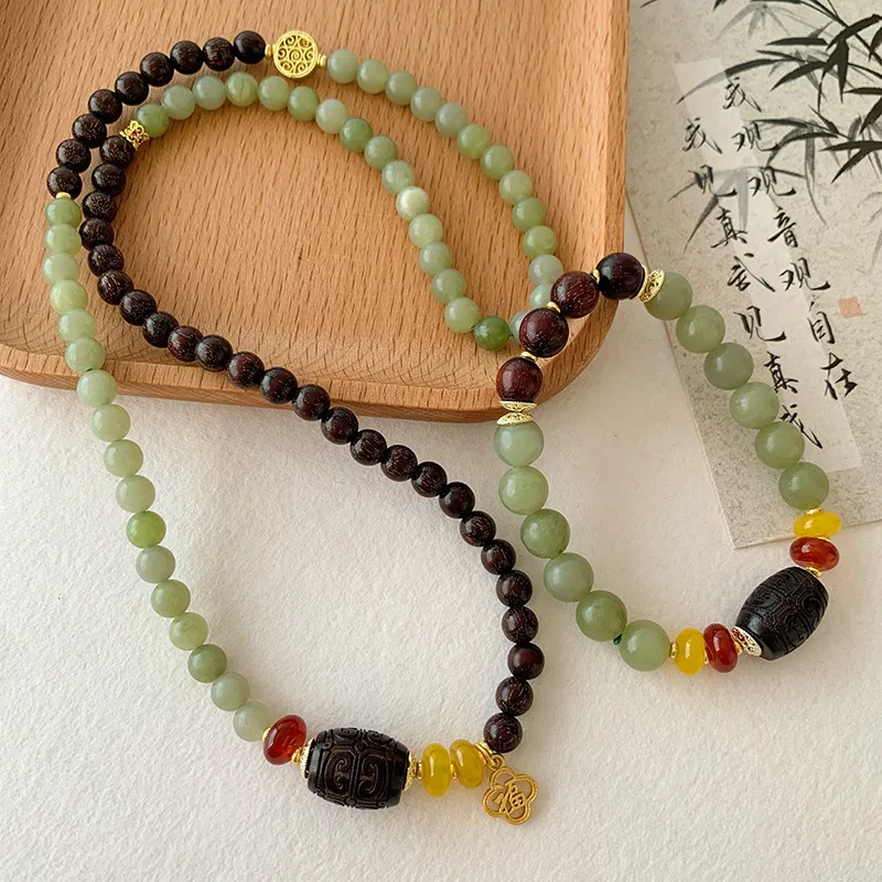 

Стильный новый китайский натуральный зеленый нефритовый браслет из сандалового дерева Lucky Charm для женщин, храмовые достопримечательности, ручная веревка