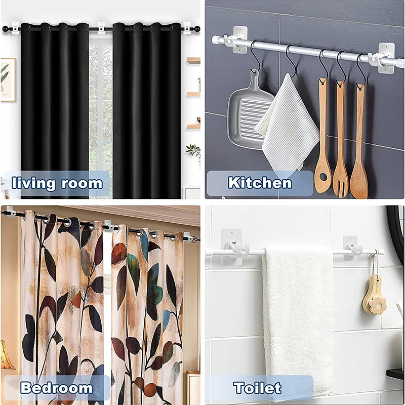 

2pcs Adhesive Wall Curtain Rod Holder Nail-Free Adjustable Clamp Hooks with Fixed Clip Hanging Rack