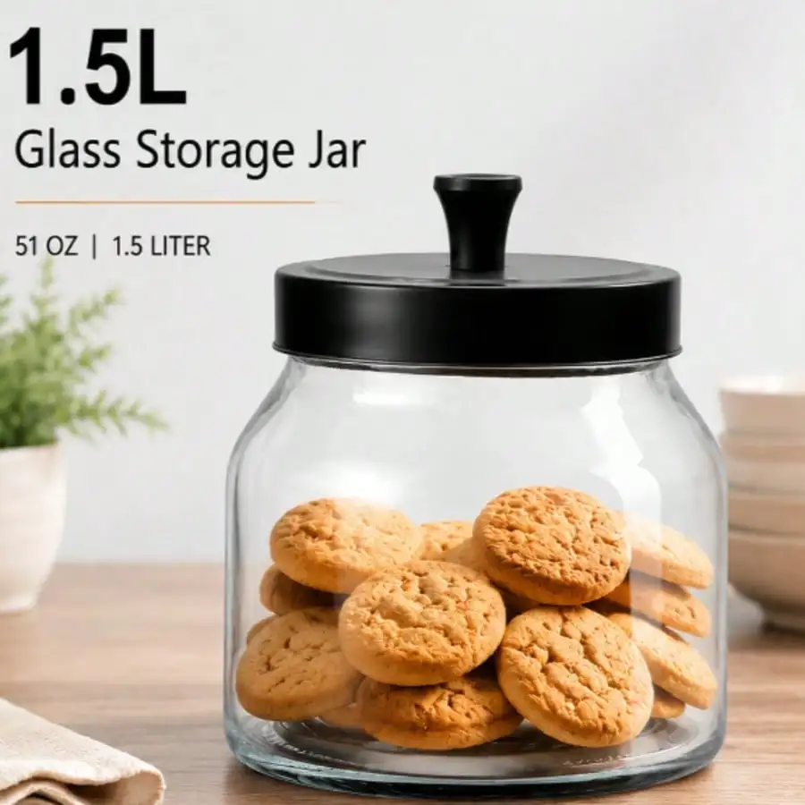 Airtight Glass Storage Jar 1.5 Liter, Black Metal Lid Clear Glass Canister, Large Food Container For Cookies Snacks Rice Spices, Kitchen Counter Pantry Organizer