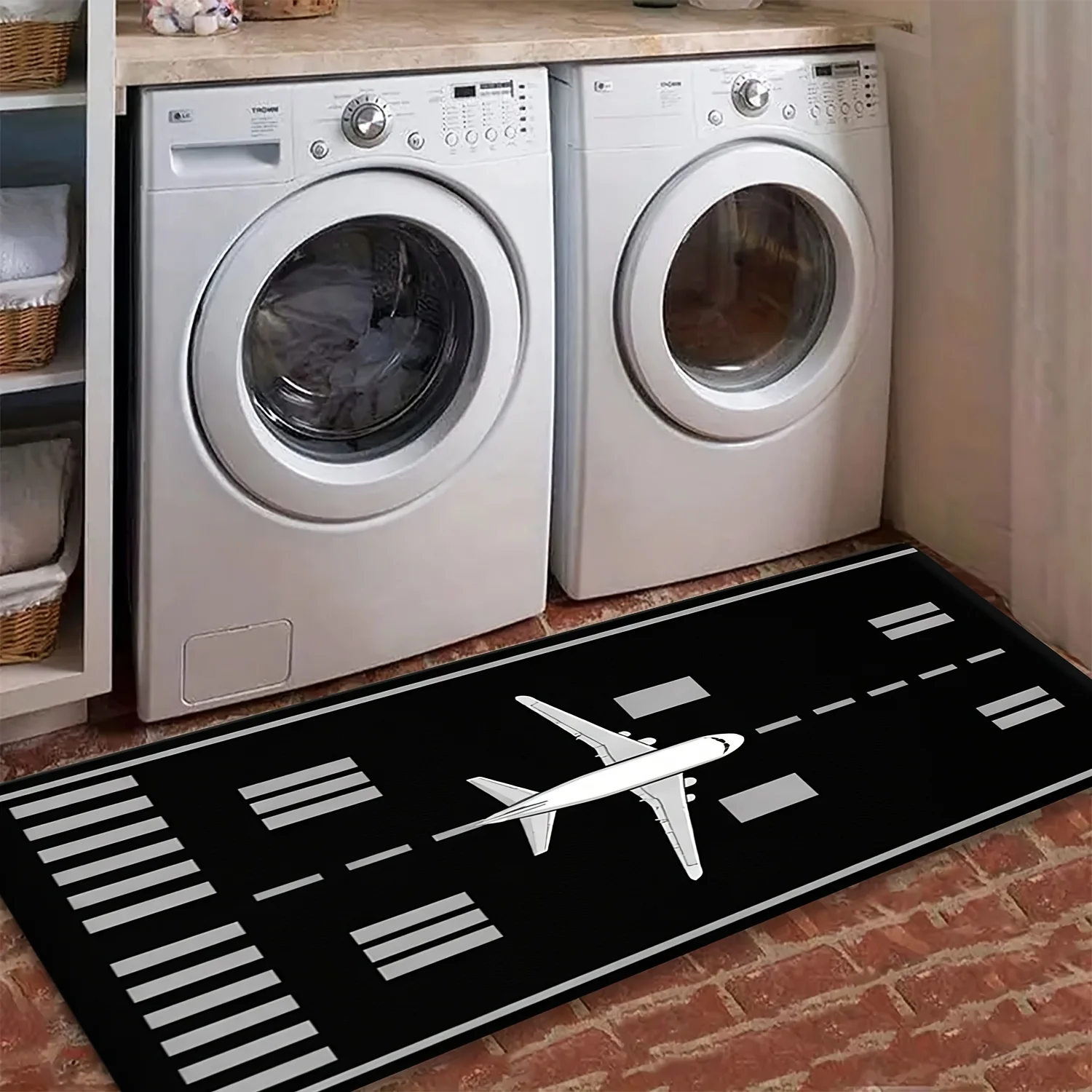 Black Runway Airplane Kitchen Runner Mat Anti Slip White Plane Airport Line Graphic Print Carpet for Kitchen Hall Bathroom Room