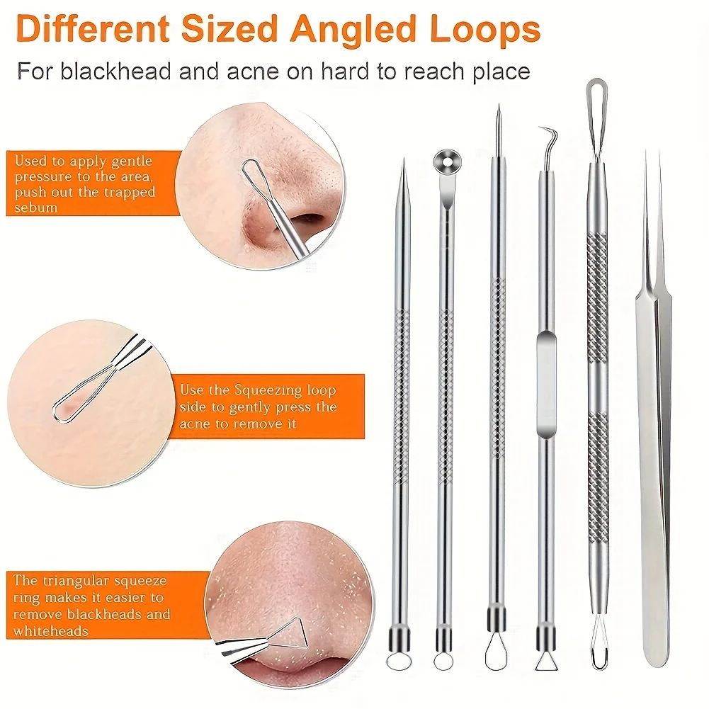 6 pieces/set stainless steel acne clip blackhead removal tool set-tweezers beauty facial blackhead removal needle tool