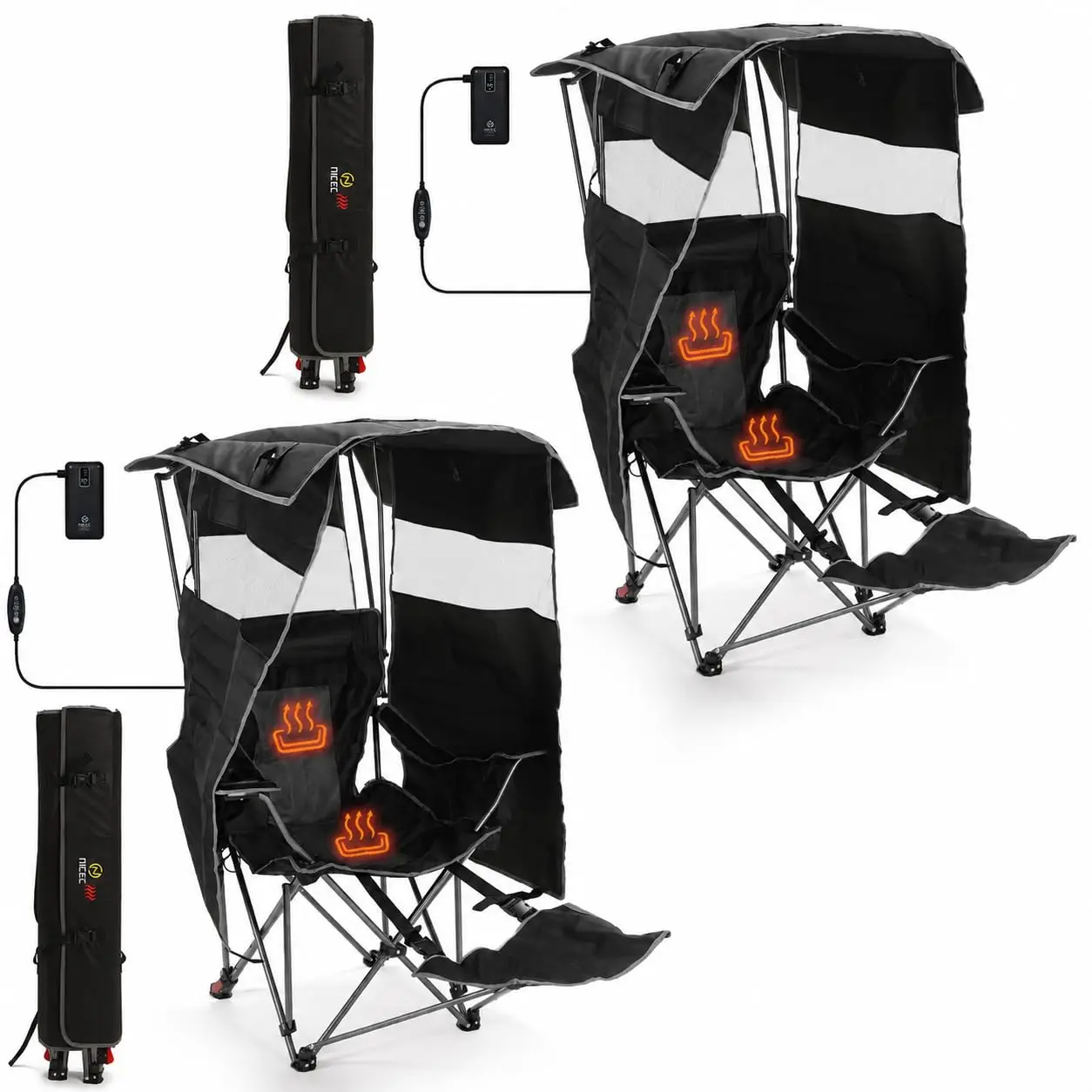Folding Chair, with Adjustable Shade, Backrest, Footrest, Cooler Bag, Cup Holder, for Outdoor, Beach, Sports