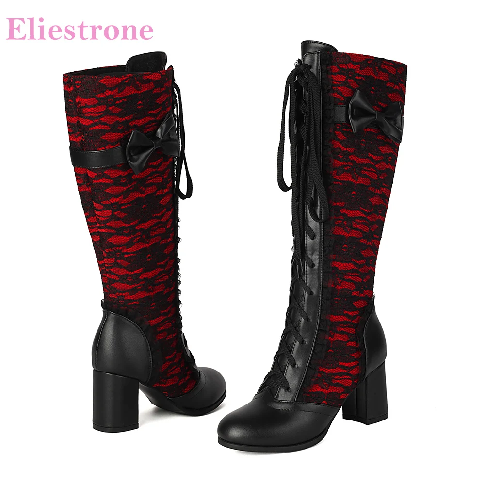 2026 Winter Lolita Women Knee High Boots Round Toe 6CM High Chunky Heels Oversized Lady Cosplay Shoes Large Size 11 45 48