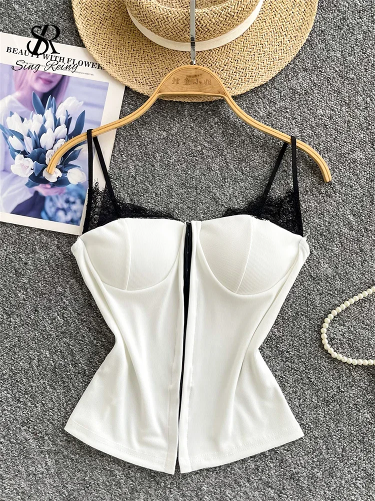 

SINGREINY Summer Sexy Lace Spliced Camisole Female Buckle Design Sheath Camis Women Short Backless Streetwear Sensual Camis