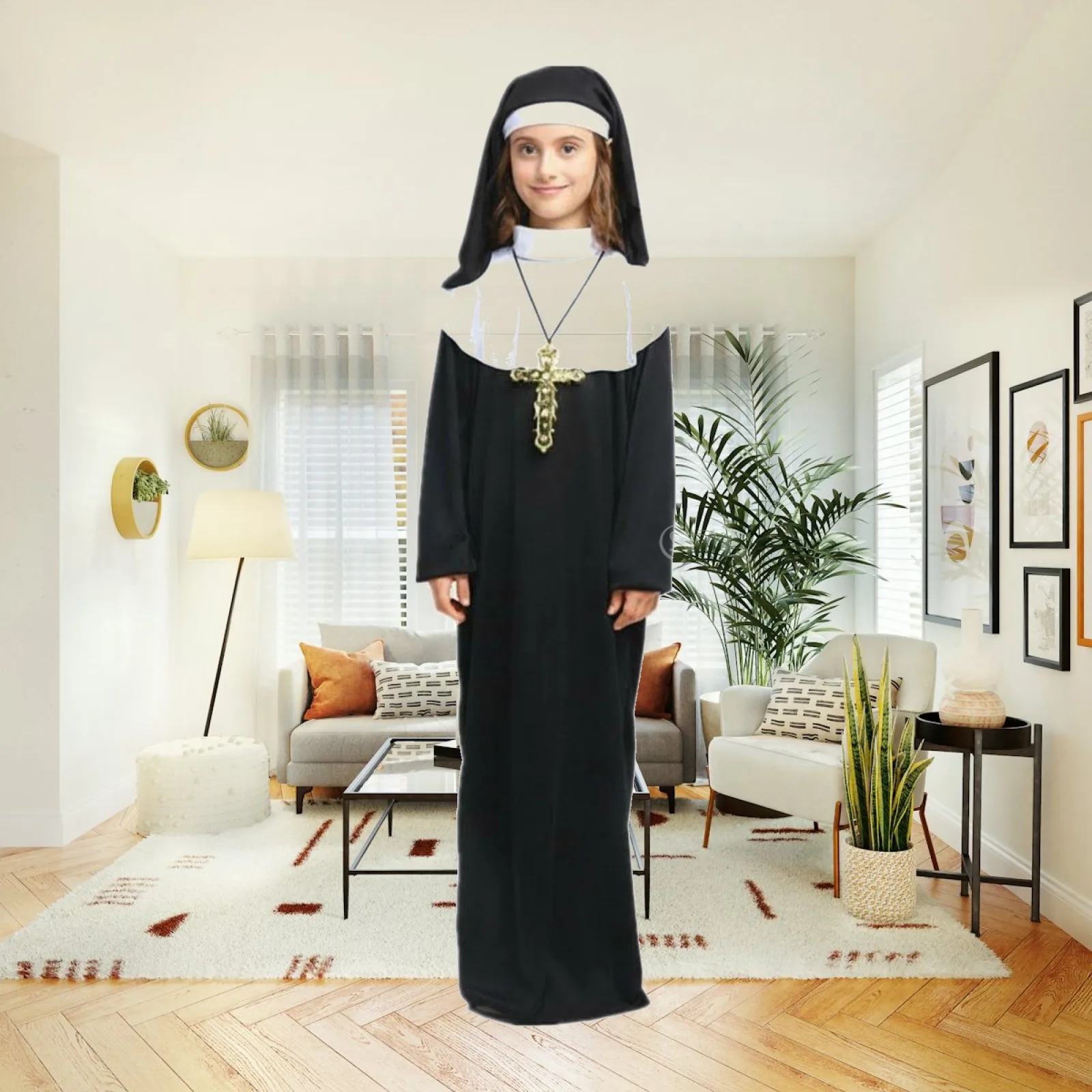 Children Nun Costume with Headpiece Polyester Habit for Girls Role Play Dress Suitable for Stage and Themed Parties