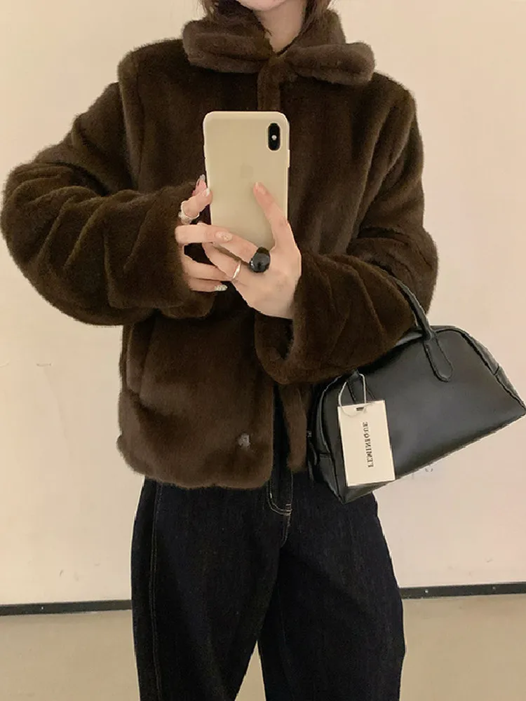 Eco-Friendly ort Sle femmes Jaet fourrure et cuir intercé doux col Faion manteau coupe droite longue Sve