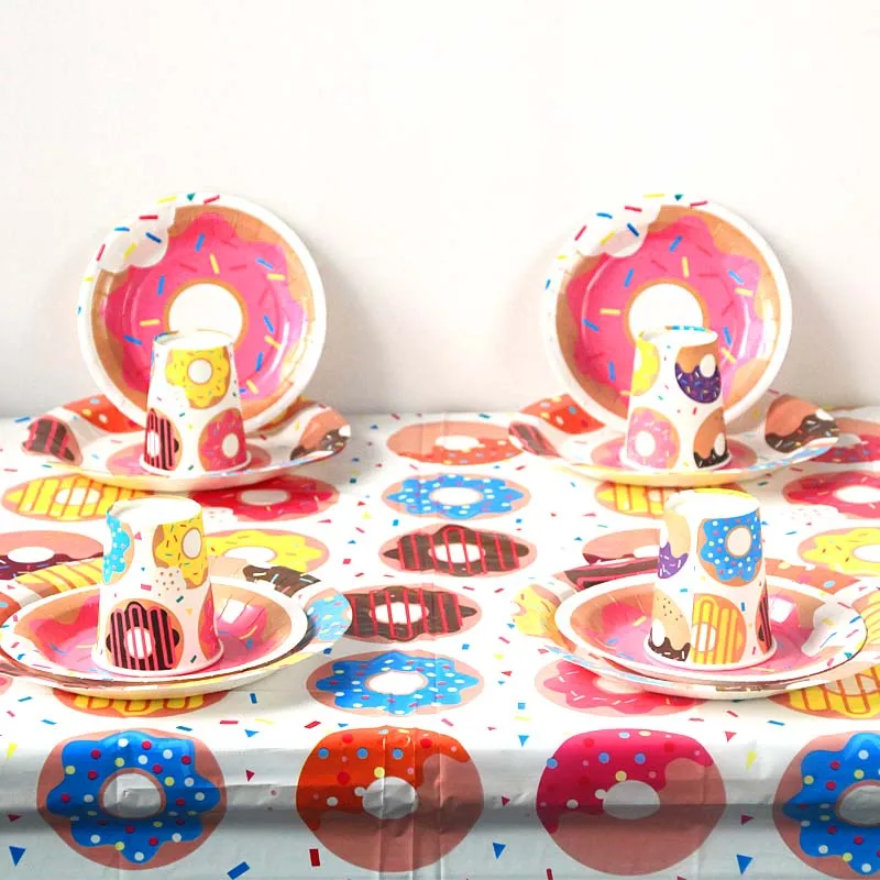 Donut Dessert Theme Party Tableware Set Disposable Plate Cup For Birthday Donut Growing up Theme Baby Shower Party Supplies