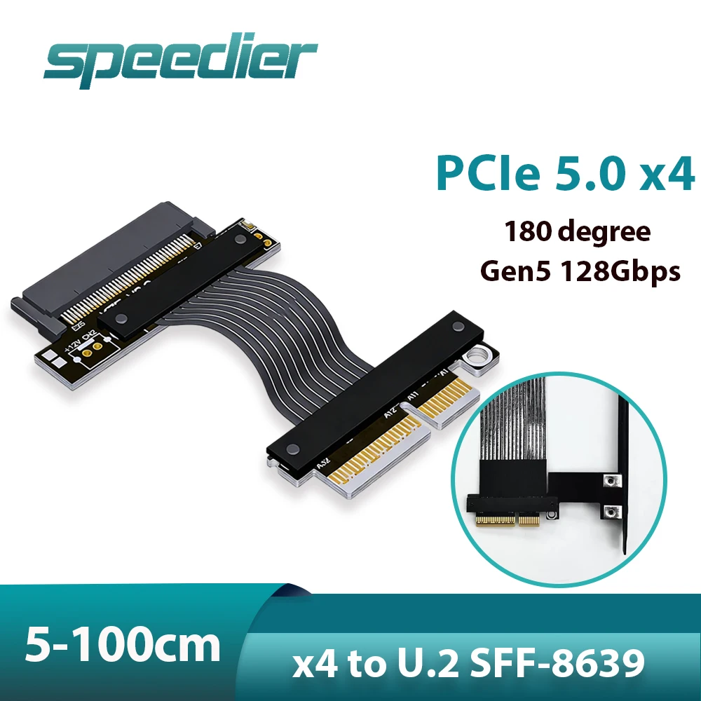 PCIe 5.0 X4 To SFF-8639 Riser Extension Cable 128Gbps High-speed Lossless Adapter Gen5 Full Speed U.2 SSD Hard Drive 5-100cm