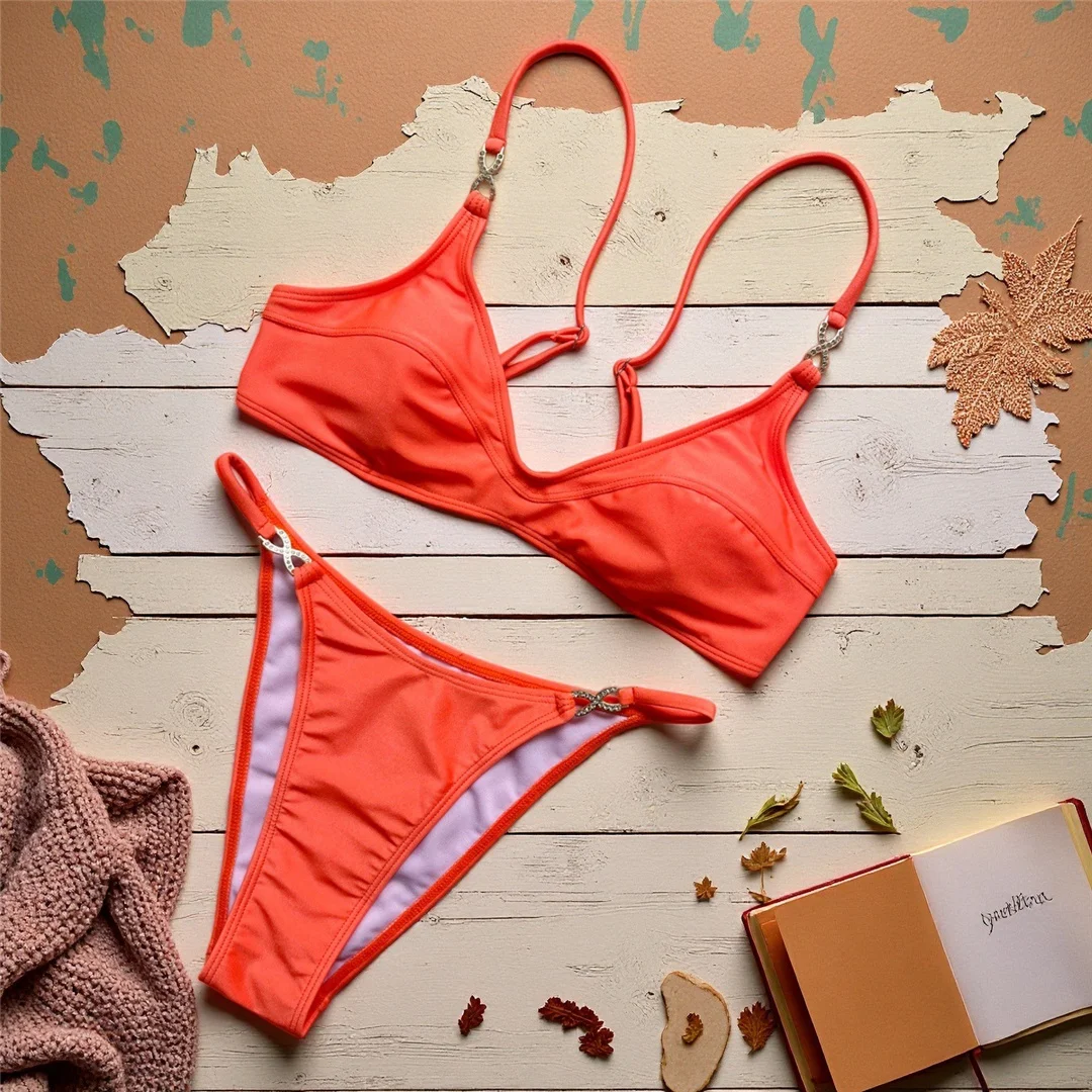 10 Farben, V-Ausschnitt, mit Strasssteinen verzierter Bikini, Damen-Badeanzug, zweiteiliges Bikini-Set, gepolsterter Badeanzug, Badebekleidung, Modell V8138. – Detail 12