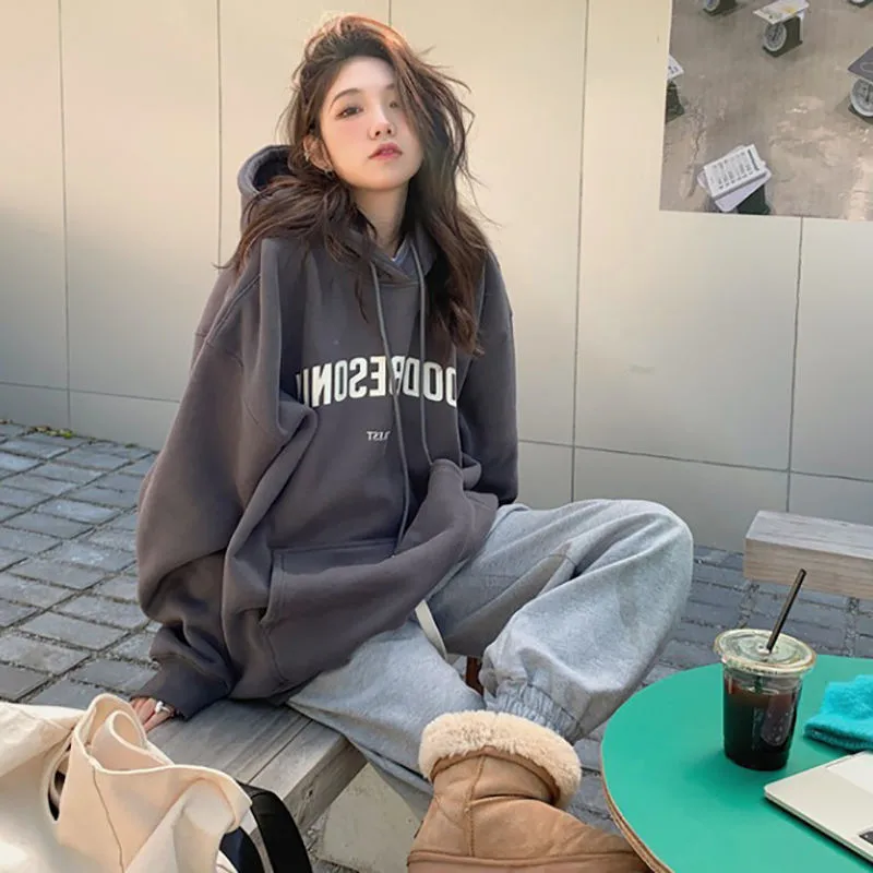 

Retro American Dark Grey Hoodie Women's Autumn Winter Oversize Loose Lazy Style Coat Thickened Flocking Long Sleeve Polyester...