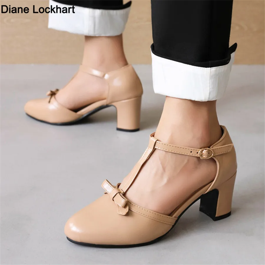 2024 Women High Heels Spring Mary Jane Low High-heeled Shoes Ladies Buckle Round Head Shoes Brown Yellow Apricot Large Size34-43