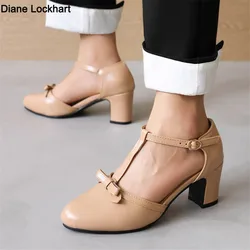 2024 Women High Heels Spring Mary Jane Low High-heeled Shoes Ladies Buckle Round Head Shoes Brown Yellow Apricot Large Size34-43