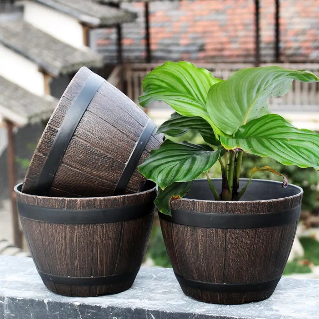 Simulation Wood Barrels 9 Inch Bottom Hole Resin Flower Pot Round Bucket Shape Planter Indoor Garden Patio Farmhouse