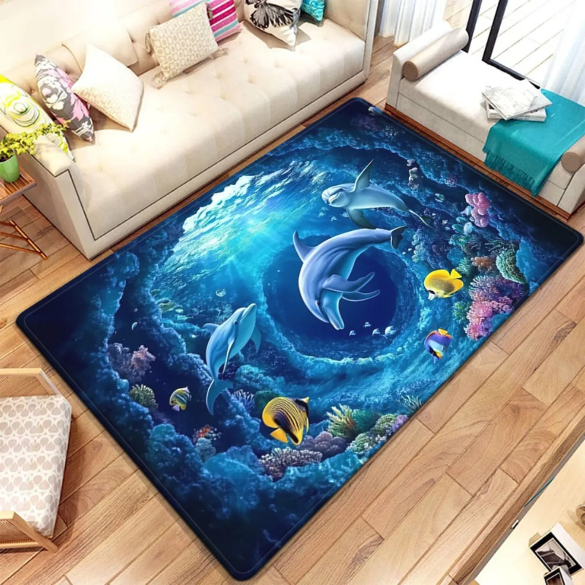 Vibrant Ocean Reef Area Rug Tropical Marine Life Dolphin Underwater Carpet for Living Room Home Decor Accent Rug