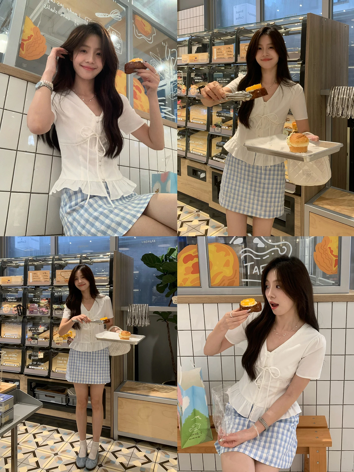 

Ele Pure Cotton V-ne ort-sve irt with Bowtie And Wooden Design Breathable Korean Sle Women's Busin Cas...