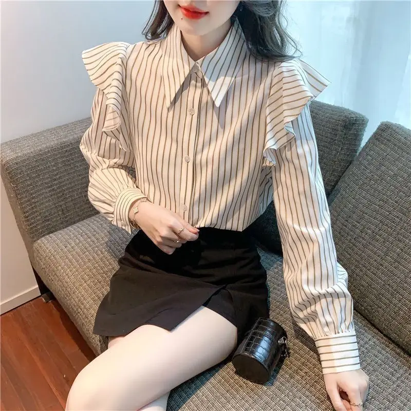 

Long Sleeve Shirts Womens Striped Button Down Tops Loose Fit Lightweight Workout Style Casual Autumn Comfortable Daily Clothing