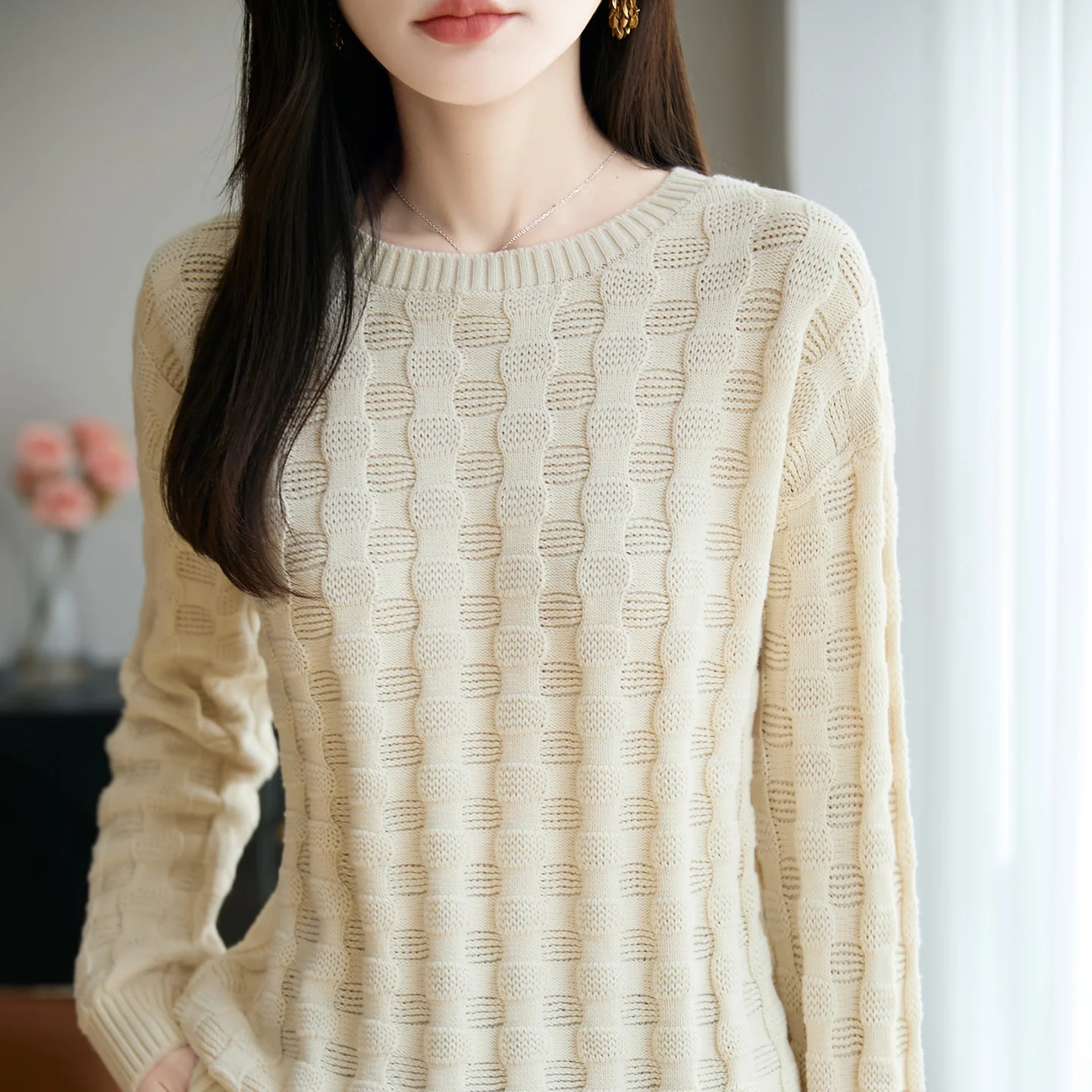 

Осень и зима, новый свитер из 100% хлопка с круглым вырезом, женский повседневный вязаный однотонный пуловер, свободный хит продаж, женский топ