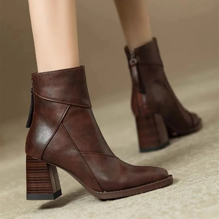 

Designer's New Women's Thick Ankle Boots with Zipper, Retro Brown Soft Leather Short Boots, Square Toe High Heels for Women