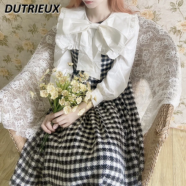 

Japanese Autumn Winter New Retro Plaid Long-sleeved Dress Sweet and Cute Girls High-waisted Slim-fitting Mid-length Dresses