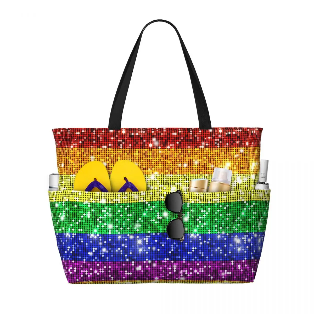 

Faux Glitter Rainbow Pride Flag LGBT Gay Lesbian Beach Tote Bag Sport Yoga Duffle Large Tote Bag Women Travel Bag Fitness bag