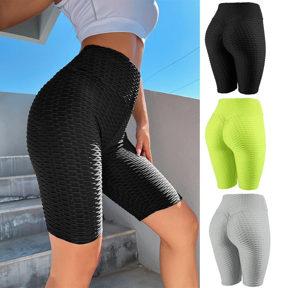 Short de sport froissé avec texture nid d'abeille, taille large, Anti-Cellulite, Leggings courts unis, collants de course