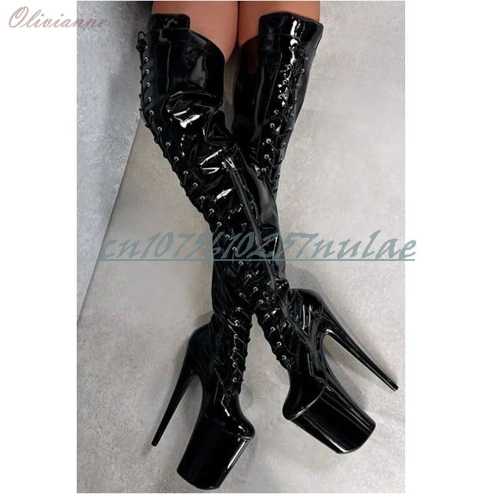 Shiny Patent Leather Thigh High Platform Boots Extreme High Heel Pole Dancing Shoes Lace up Sexy Pole Dance for Party Club