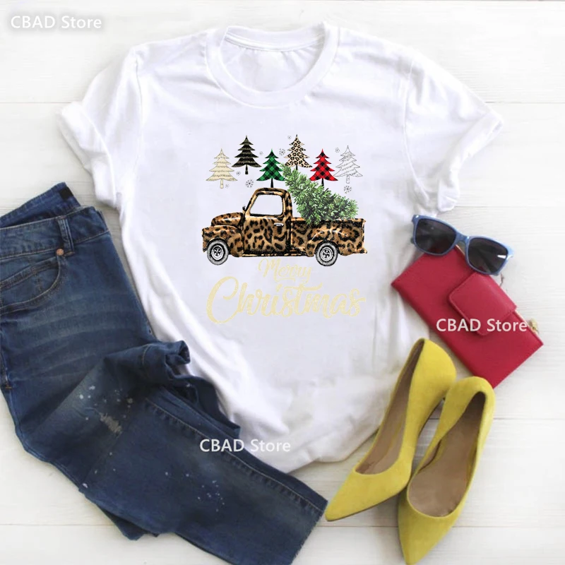 

Leopard Car Trees Graphic Print Tshirt Girls Merry Christmas Gift T Shirt Women'S Clothing White Funny T-Shirt Femme Streetwear