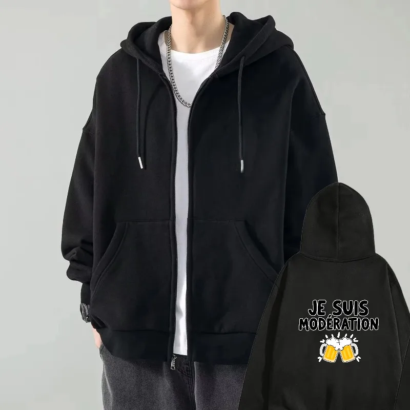 

Мужская куртка с капюшоном, черная JE SUIS MODERATION, повседневная уличная толстовка с принтом пива для повседневной носки и праздничных нарядов