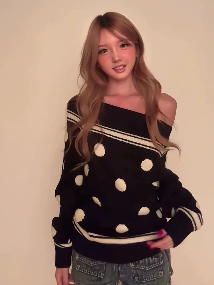 الحلو Preppy متماسكة سترة المرأة منقطة مائل الرقبة خمر البلوفرات غير رسمية فضفاضة قبالة الكتف كسول الرياح Harajuku جديد لاعبا #1