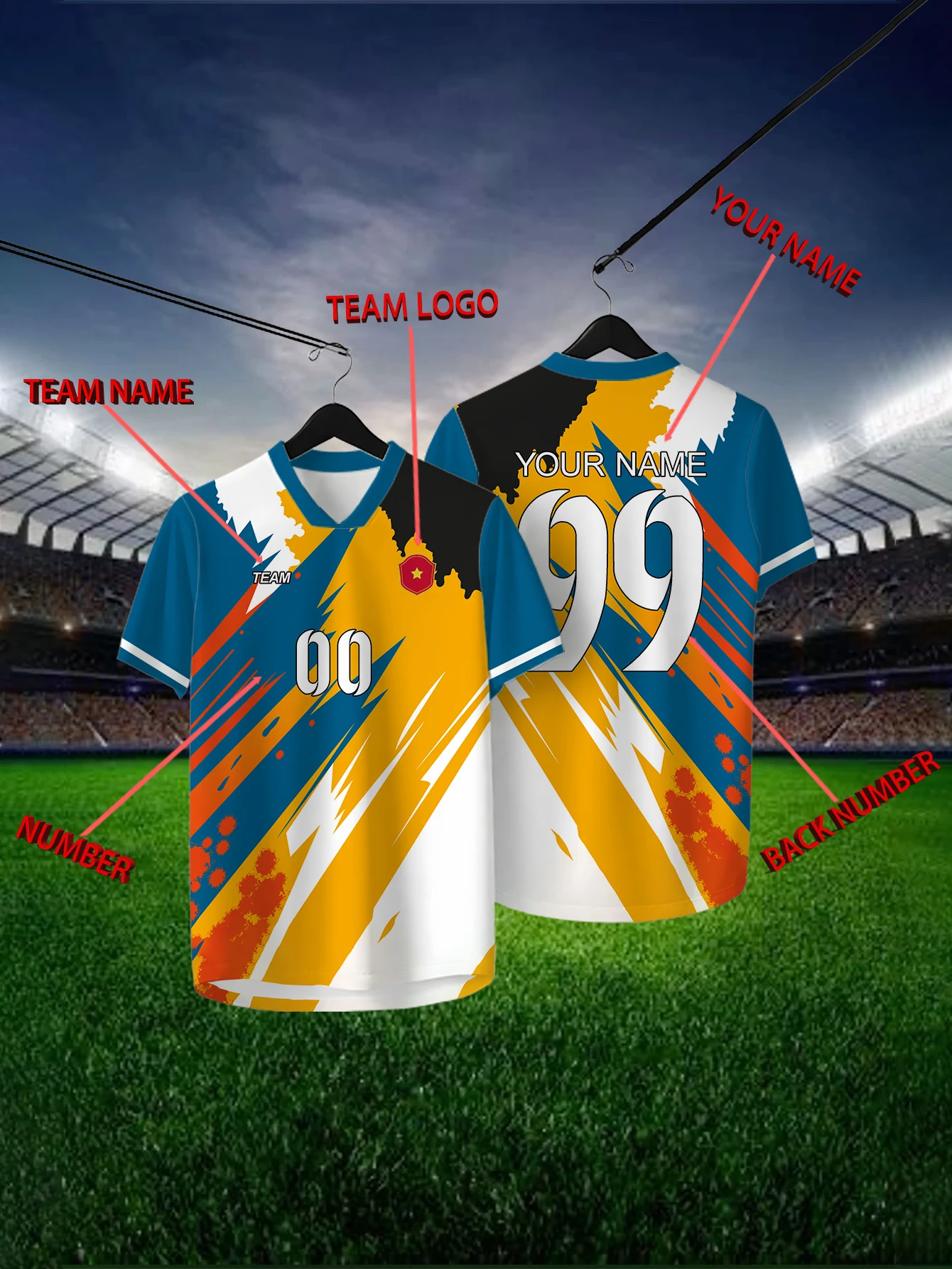 

Customized Geometric Multi-color Short Sleeved Shirt with Team Name, Emblem, Name and Number, Outdoor Sports Short Sleeved Shirt
